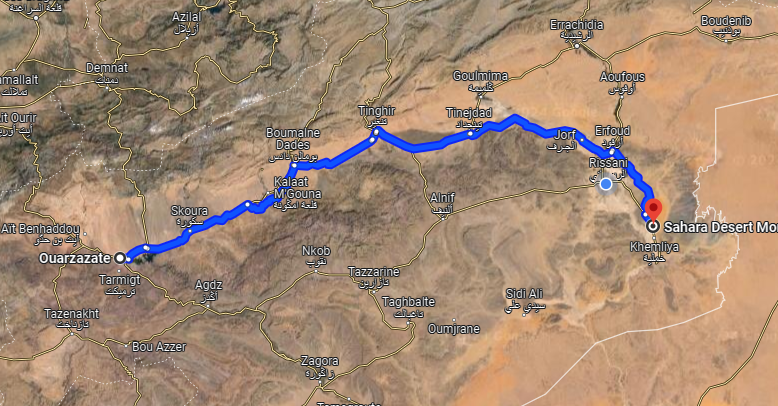 Day 2 of 6 days tour from Marrakech, Ouarzazate to Sahara Desert Morocco as shown in the screenshot from Google Maps, May 2024.