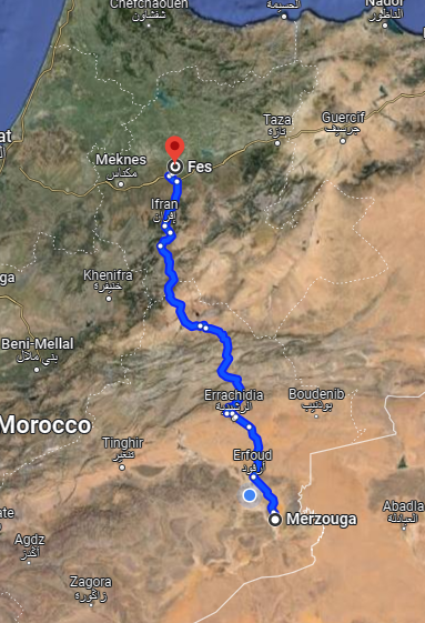 Day 4 of 6 days tour from Marrakech, Merzouga to Fes Morocco, as shown in the screenshot from Google Maps, May 2024.