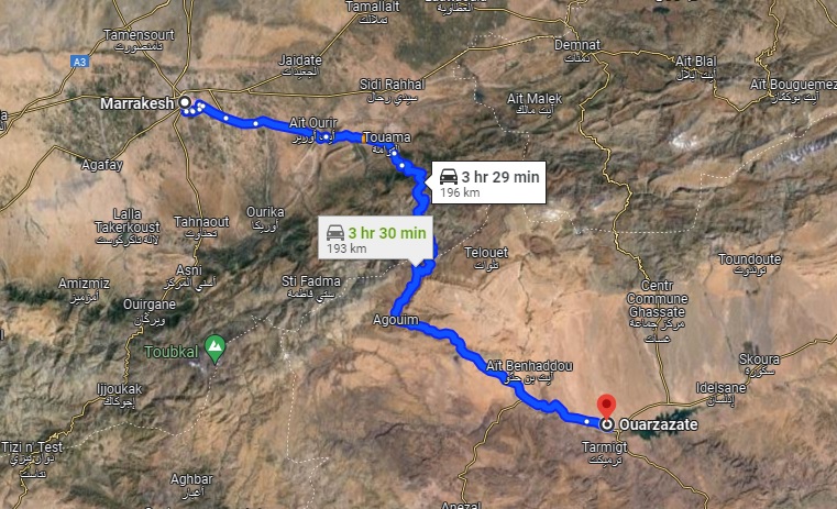 Day 1 of 6 days tour from Marrakech to Ouarzazate, as shown in the screenshot from Google Maps, May 2024.